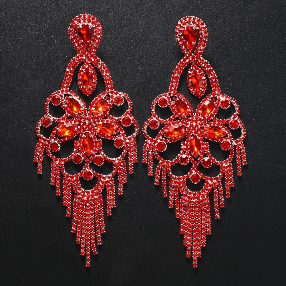 Fashion / show as picture / Red New Fashion Colorful Crystal Tassel Rhinestone Earrings for Women Big Flower Drop Stud Earrings Anniversary Jewelry