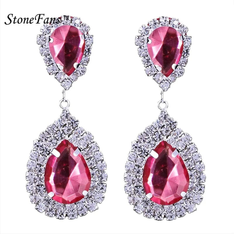 Fashion / show as picture / Rose Red Fashion Crystal Pendant Drop Earrings for Women Bridal Wedding Jewelry Opp Bag Silver Plated Party Jewelry Water Drop Rhinestone
