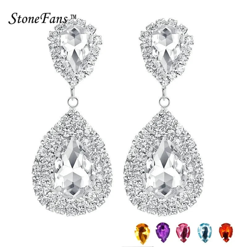 Fashion / show as picture / White Fashion Crystal Pendant Drop Earrings for Women Bridal Wedding Jewelry Opp Bag Silver Plated Party Jewelry Water Drop Rhinestone