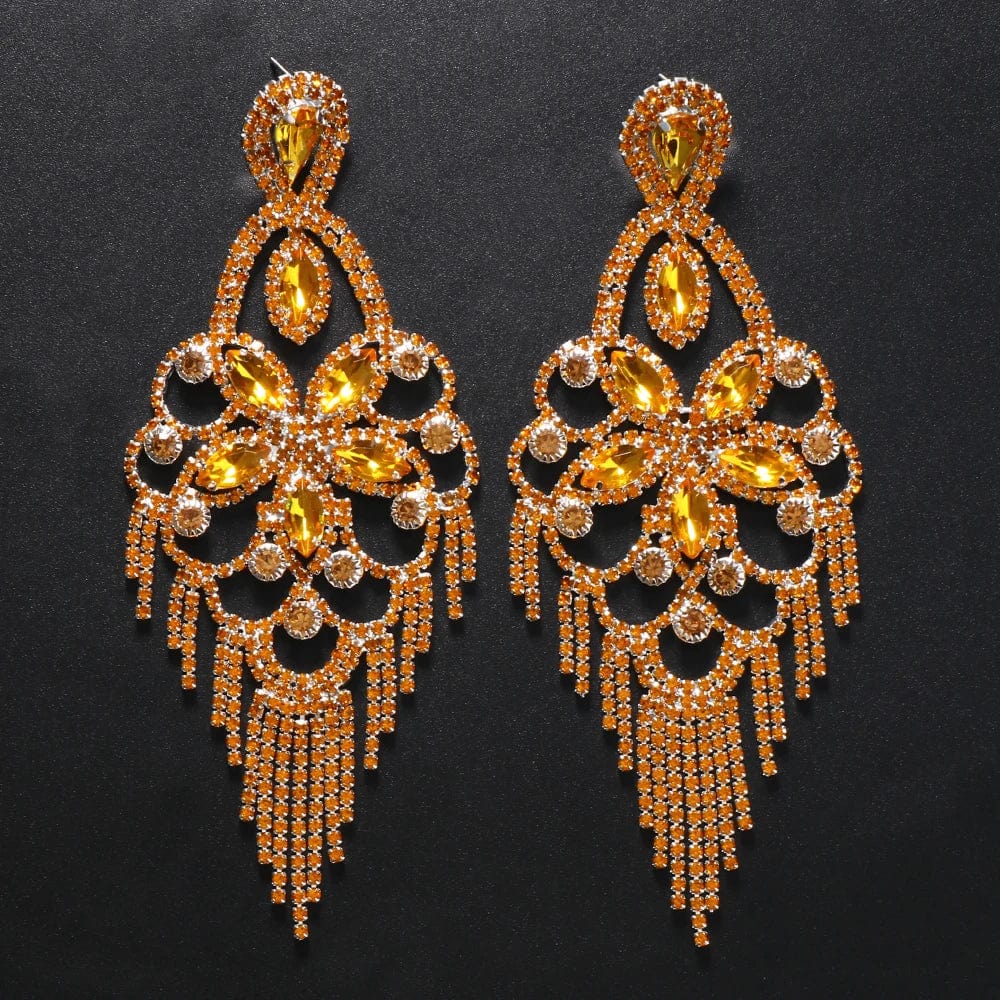 Fashion / show as picture / Yellow New Fashion Colorful Crystal Tassel Rhinestone Earrings for Women Big Flower Drop Stud Earrings Anniversary Jewelry