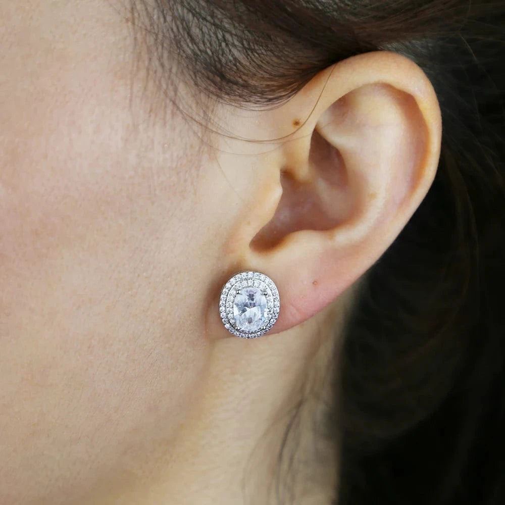 Fashion Silver Gold Plated Iced Out Big Oval Egg Shaped Stud Earring Full Mini Bling CZ Paved Around Two Laps Women Jewelry