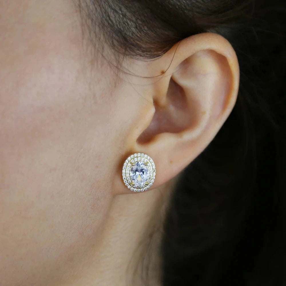 Fashion Silver Gold Plated Iced Out Big Oval Egg Shaped Stud Earring Full Mini Bling CZ Paved Around Two Laps Women Jewelry