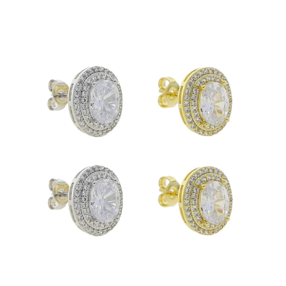 Fashion Silver Gold Plated Iced Out Big Oval Egg Shaped Stud Earring Full Mini Bling CZ Paved Around Two Laps Women Jewelry