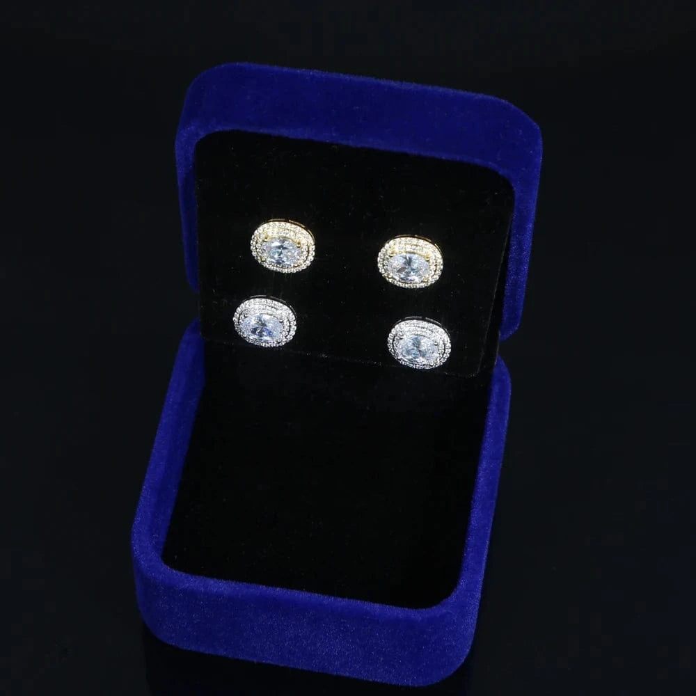 Fashion Silver Gold Plated Iced Out Big Oval Egg Shaped Stud Earring Full Mini Bling CZ Paved Around Two Laps Women Jewelry