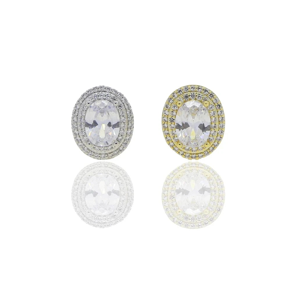 Fashion Silver Gold Plated Iced Out Big Oval Egg Shaped Stud Earring Full Mini Bling CZ Paved Around Two Laps Women Jewelry