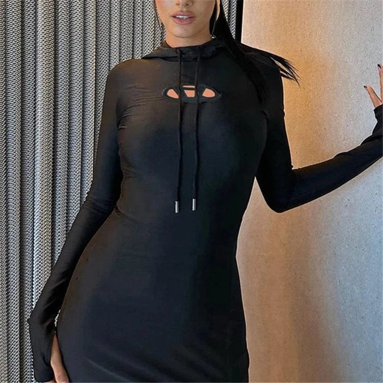 Fashion Split Slit Hooded Solid Dresses For Women 2024 Spring Autumn Casual Long Sleeve Bodycon Maxi Dress