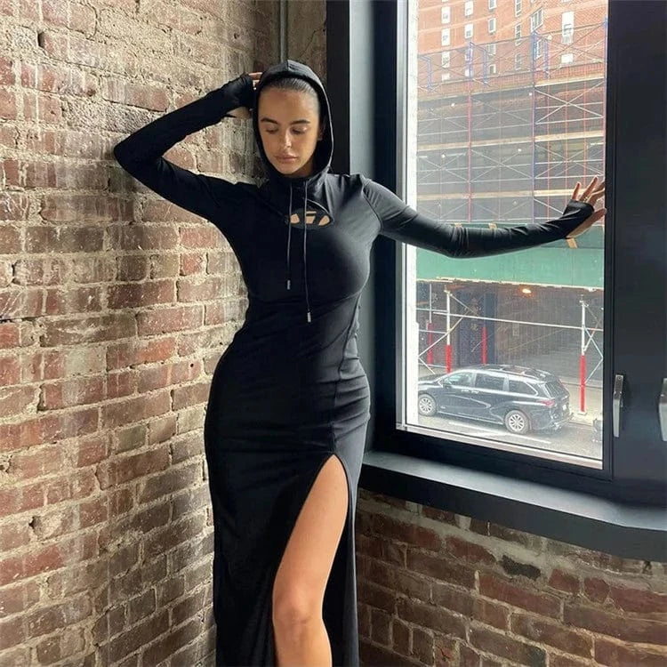Fashion Split Slit Hooded Solid Dresses For Women 2024 Spring Autumn Casual Long Sleeve Bodycon Maxi Dress