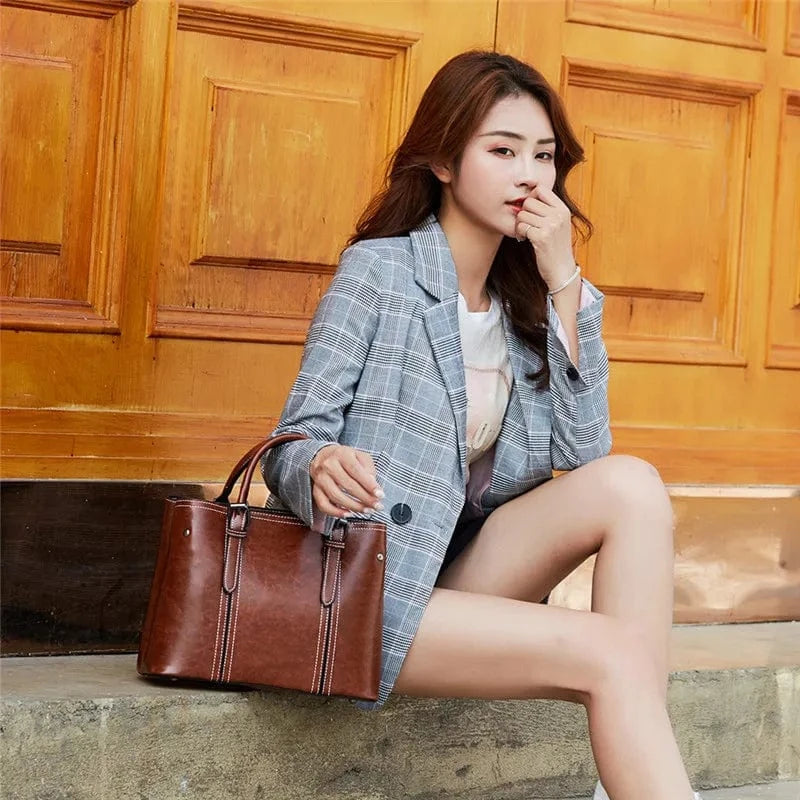 Fashion style vegan oil PU tote ladies shoulder luxury hand bag leather bags women handbags
