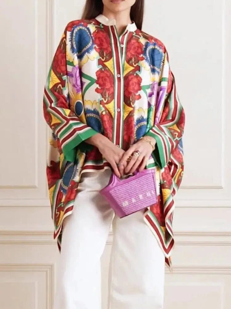 Fashion Stylish Selection Batwing Sleeves Flower Print Stand Collar Blouses Women Spring Summer High-low Buttoned Shirts Tops