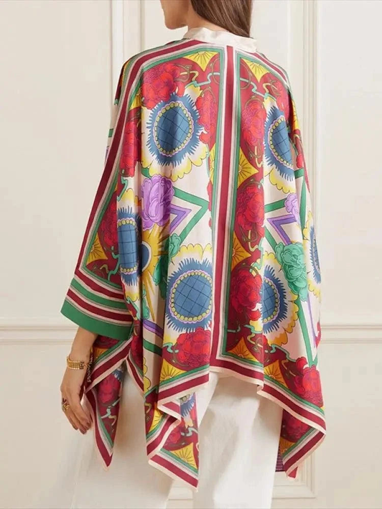Fashion Stylish Selection Batwing Sleeves Flower Print Stand Collar Blouses Women Spring Summer High-low Buttoned Shirts Tops