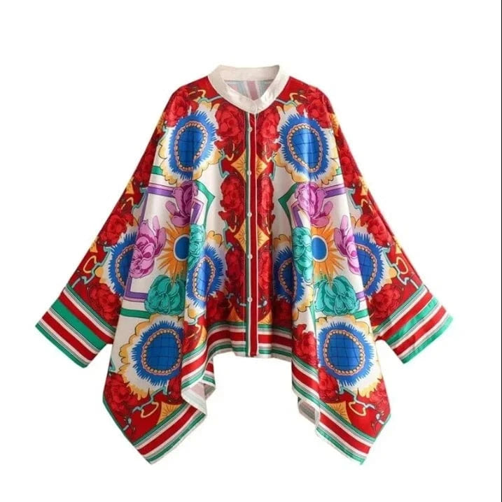 Fashion Stylish Selection Batwing Sleeves Flower Print Stand Collar Blouses Women Spring Summer High-low Buttoned Shirts Tops