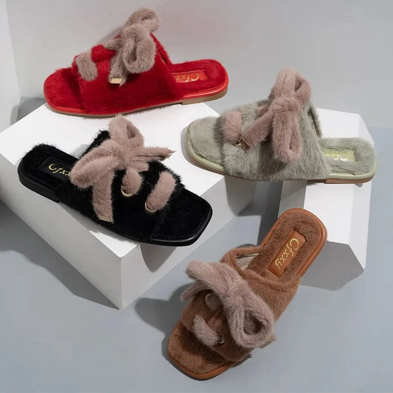 Fashion Suede Bow Silk Ribbon Fuzzy Lady Shoes Soft Villus Outside Women Cotton Slippers