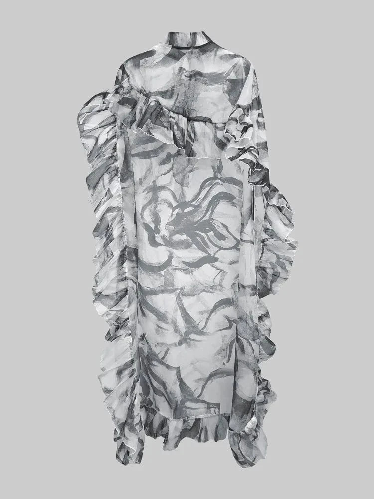 Fashion Vintage Cover-up Top Floral Flower Print Pleated See-Through Sun Protection High-low Loose Blouses Shirts Tops