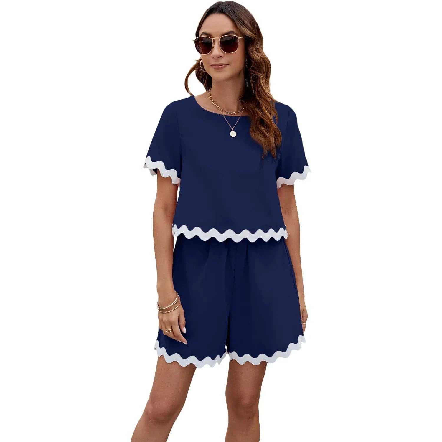 Fashion Wave Stripe Patchwork Shorts Set for Women Causal O Neck Tops High Waist Shorts Female Summer Holiday Beach 2 Pieces Se