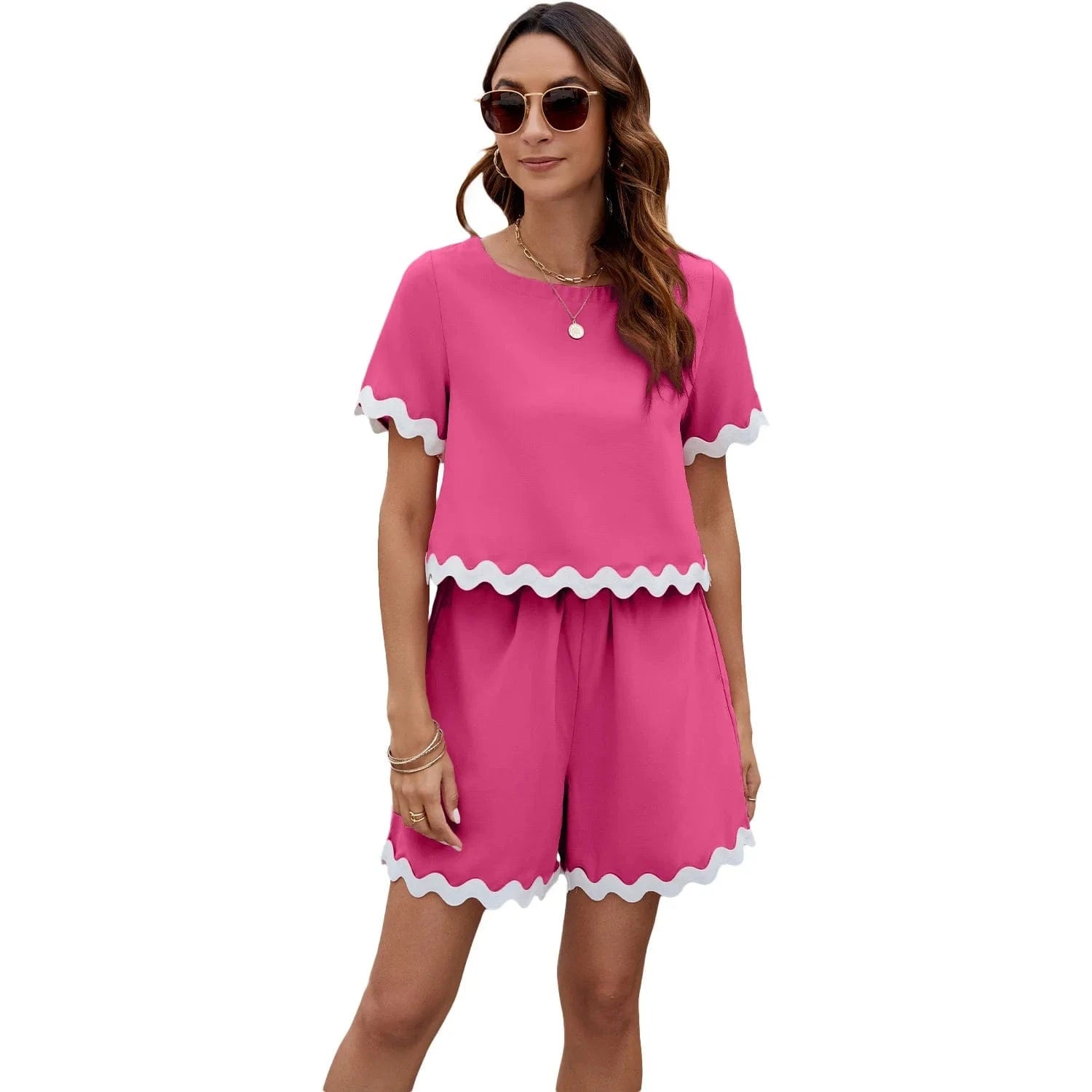 Fashion Wave Stripe Patchwork Shorts Set for Women Causal O Neck Tops High Waist Shorts Female Summer Holiday Beach 2 Pieces Se