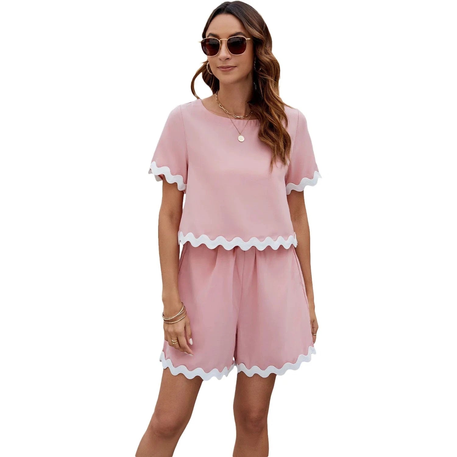 Fashion Wave Stripe Patchwork Shorts Set for Women Causal O Neck Tops High Waist Shorts Female Summer Holiday Beach 2 Pieces Se