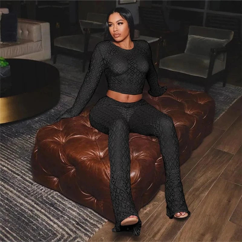 Fashion Women's Clothing See Through Flare Pants 2 Piece Set Casual Outfits for Woman Navel Two Pieces Set
