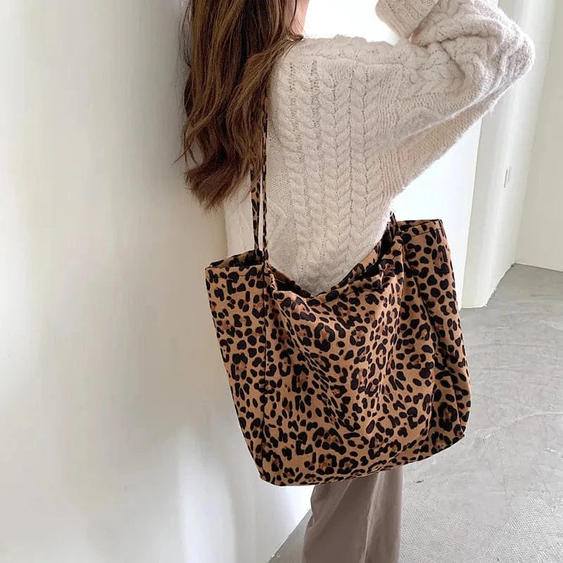 Fashion Women's Leopard Print Canvas Tote Bag Large Capacity Eco-Friendly Portable Foldable Shoulder Shopping Bag