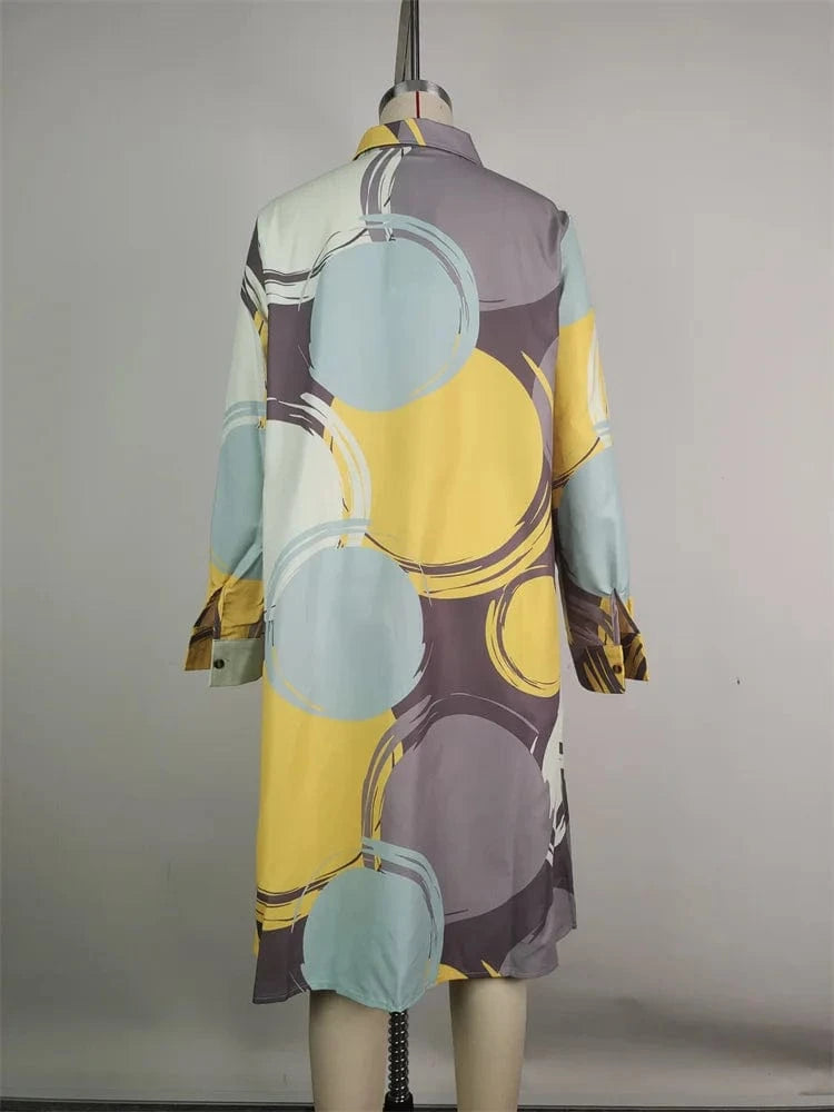 Fashion Women‘s T-shirts Dress Long Sleeves Buttoned 2025 Autumn Summer Casual Printed Lapel Shift Midi Daily Dresses for Ladies