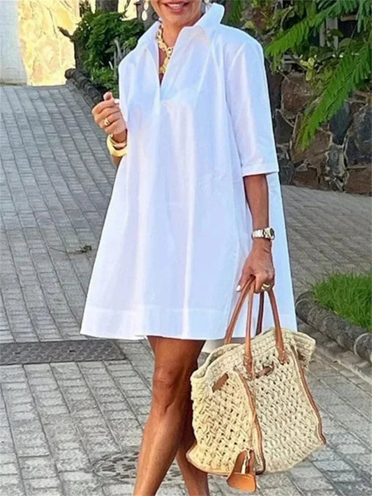 Fashion Women's White Shirt Dress Summer Half Sleeves Loose Solid Color Lapel Loose Casual Deep V-neck Mini Dresses