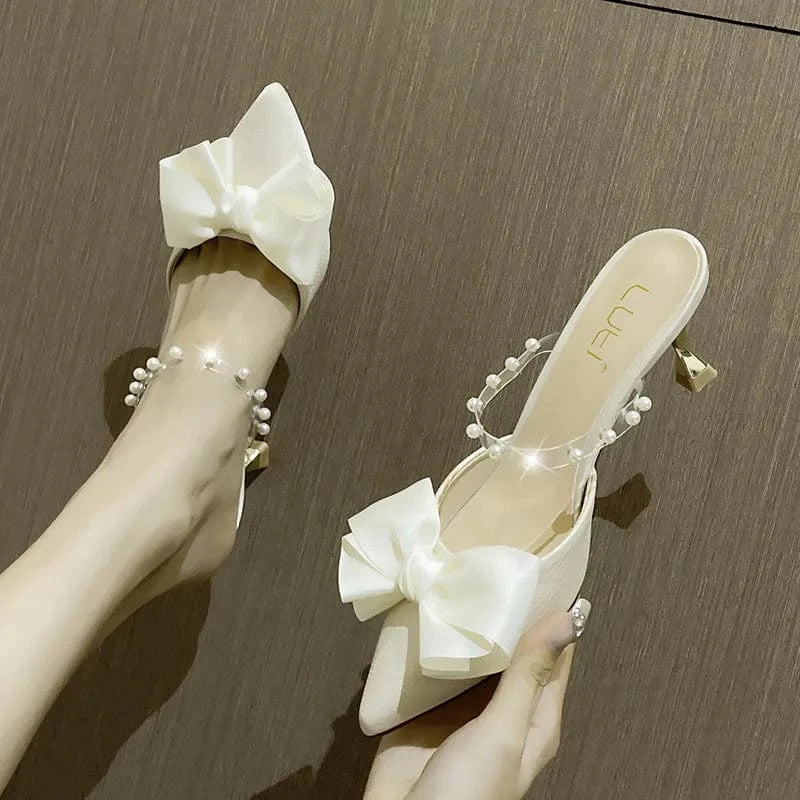 Fashion Women Shallow Bowknot Sandal Slippers New Summer Female T-strap Pearls High Heel Pumps