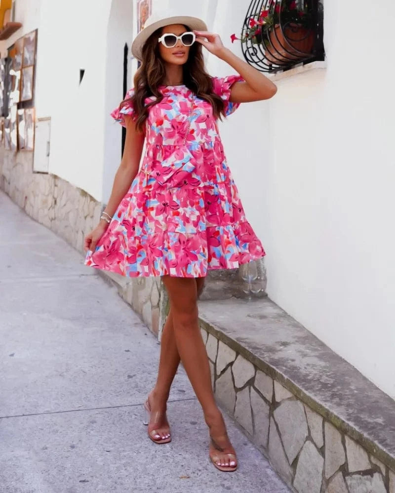 Fashion Women Summer Print A-Line Dress Patchwork Design Ruffles Decor O-Neck Flare Sleeve Mid Waist Slim Mini Dress