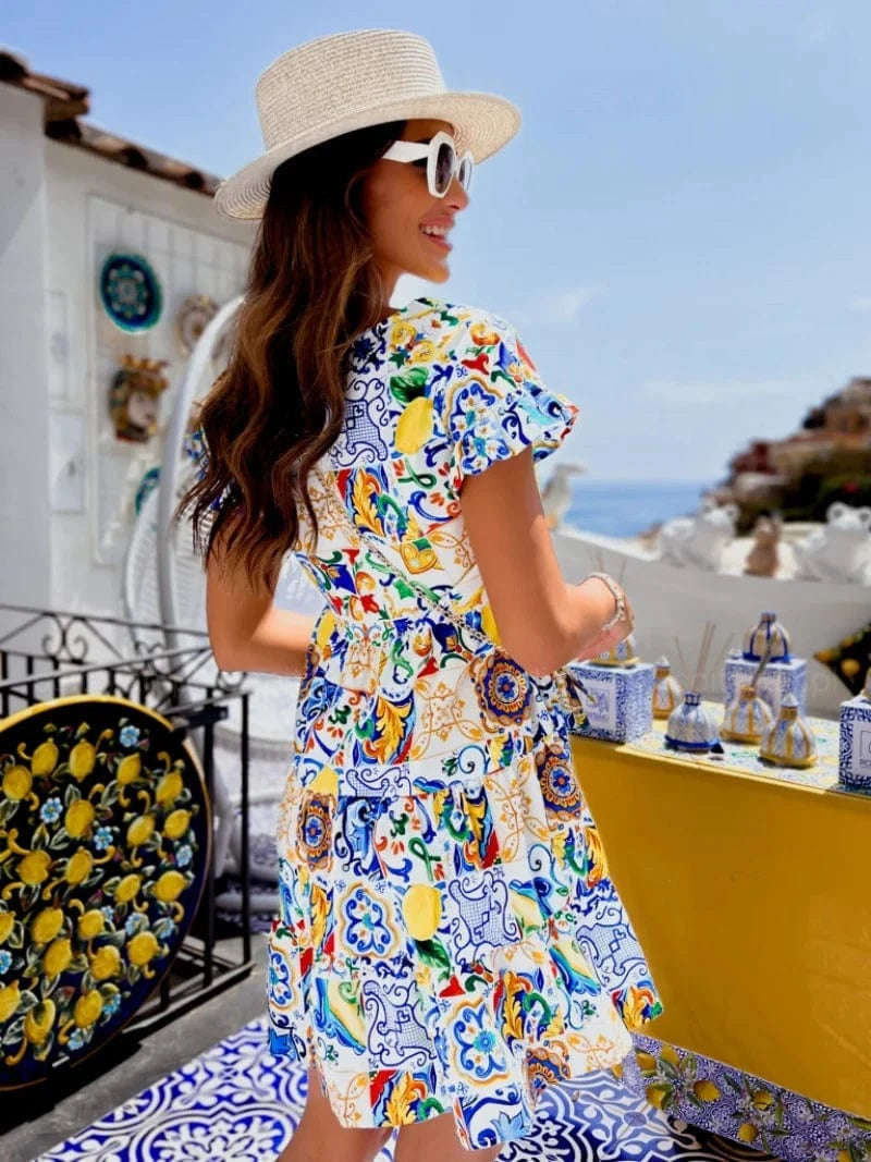 Fashion Women Summer Print A-Line Dress Patchwork Design Ruffles Decor O-Neck Flare Sleeve Mid Waist Slim Mini Dress