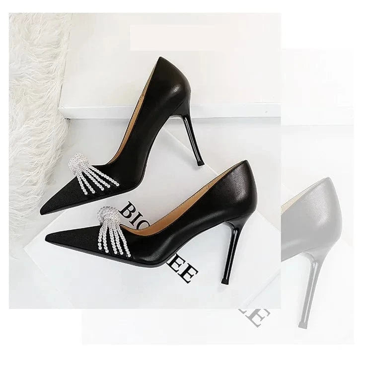 Fashion Zapatos Tacones Talons Femme Stiletto Pumps Pointed Toe Pearl Bowknot Women's Heels