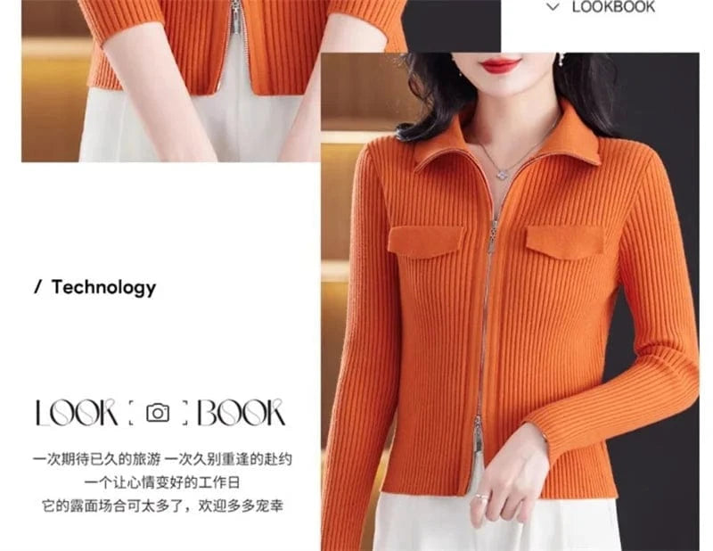 Fashion Zipper Short Knitted Cardigan Sweater 2025 Spring Autumn New Korean Versatile Coat Top Turn-Down Col Sweater Solid Color