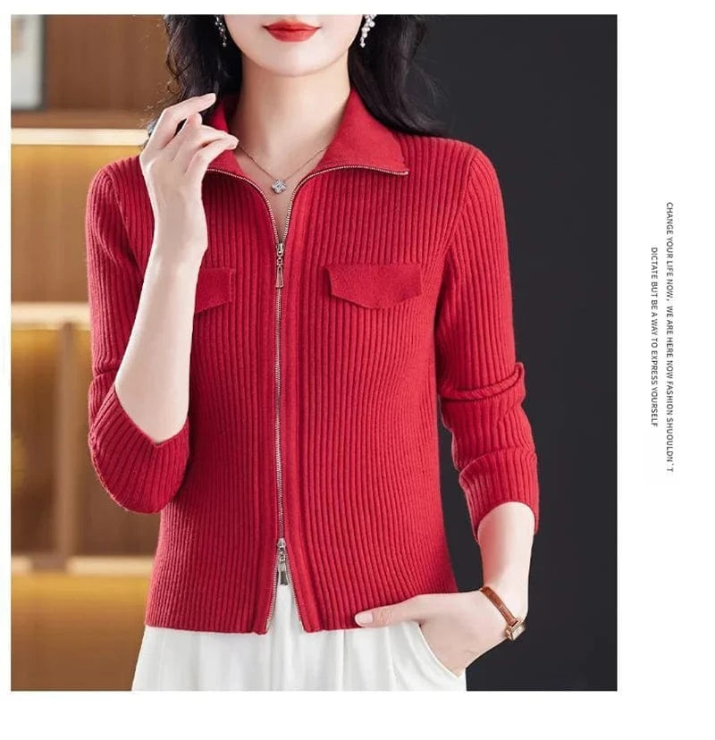 Fashion Zipper Short Knitted Cardigan Sweater 2025 Spring Autumn New Korean Versatile Coat Top Turn-Down Col Sweater Solid Color
