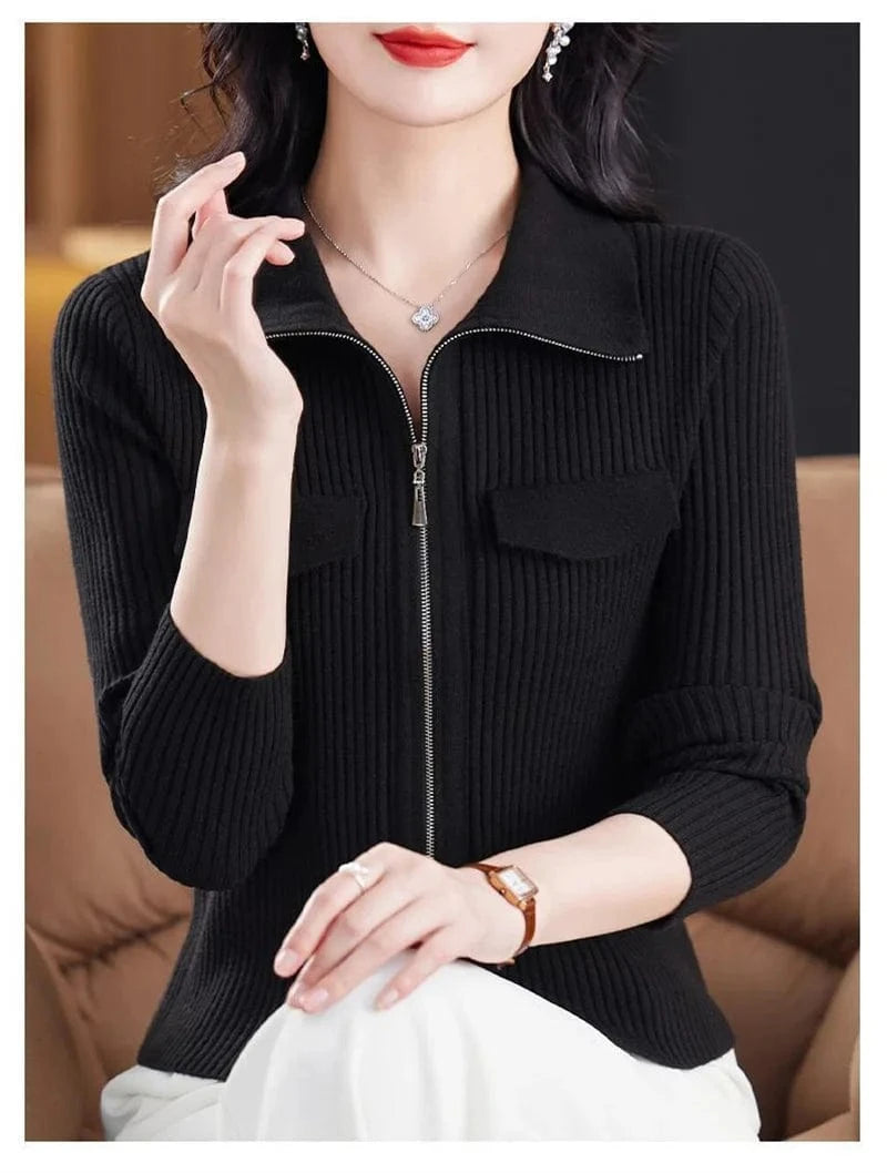 Fashion Zipper Short Knitted Cardigan Sweater 2025 Spring Autumn New Korean Versatile Coat Top Turn-Down Col Sweater Solid Color