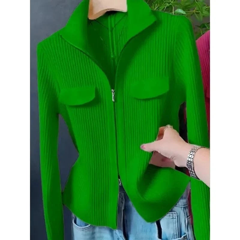 Fashion Zipper Short Knitted Cardigan Sweater 2025 Spring Autumn New Korean Versatile Coat Top Turn-Down Col Sweater Solid Color