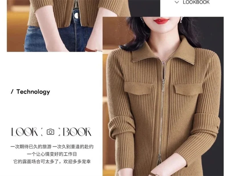 Fashion Zipper Short Knitted Cardigan Sweater 2025 Spring Autumn New Korean Versatile Coat Top Turn-Down Col Sweater Solid Color
