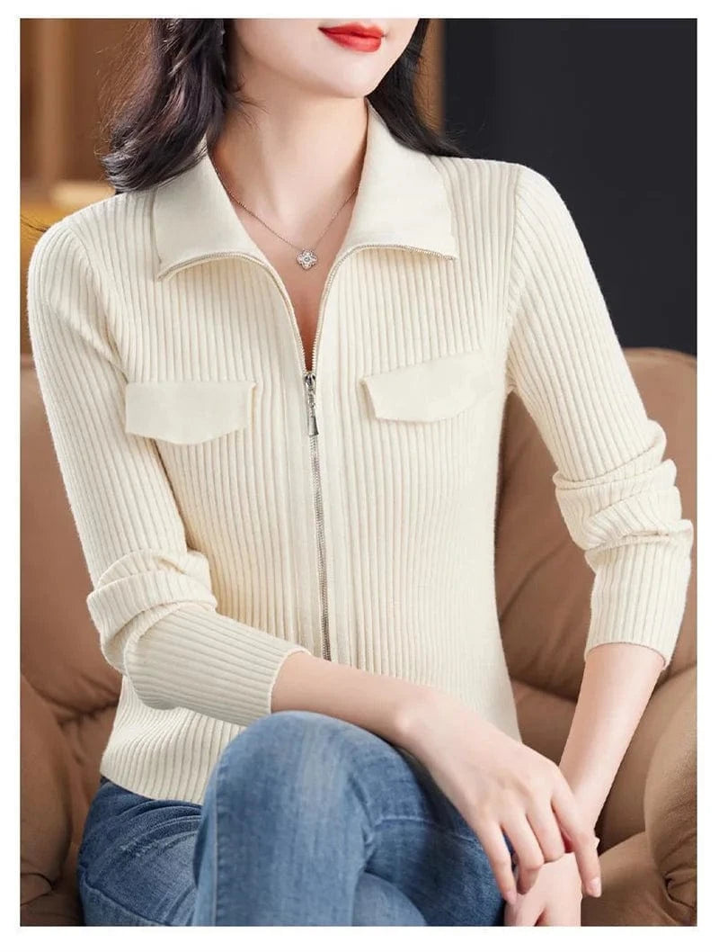 Fashion Zipper Short Knitted Cardigan Sweater 2025 Spring Autumn New Korean Versatile Coat Top Turn-Down Col Sweater Solid Color
