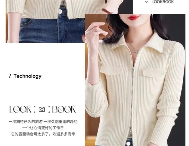 Fashion Zipper Short Knitted Cardigan Sweater 2025 Spring Autumn New Korean Versatile Coat Top Turn-Down Col Sweater Solid Color