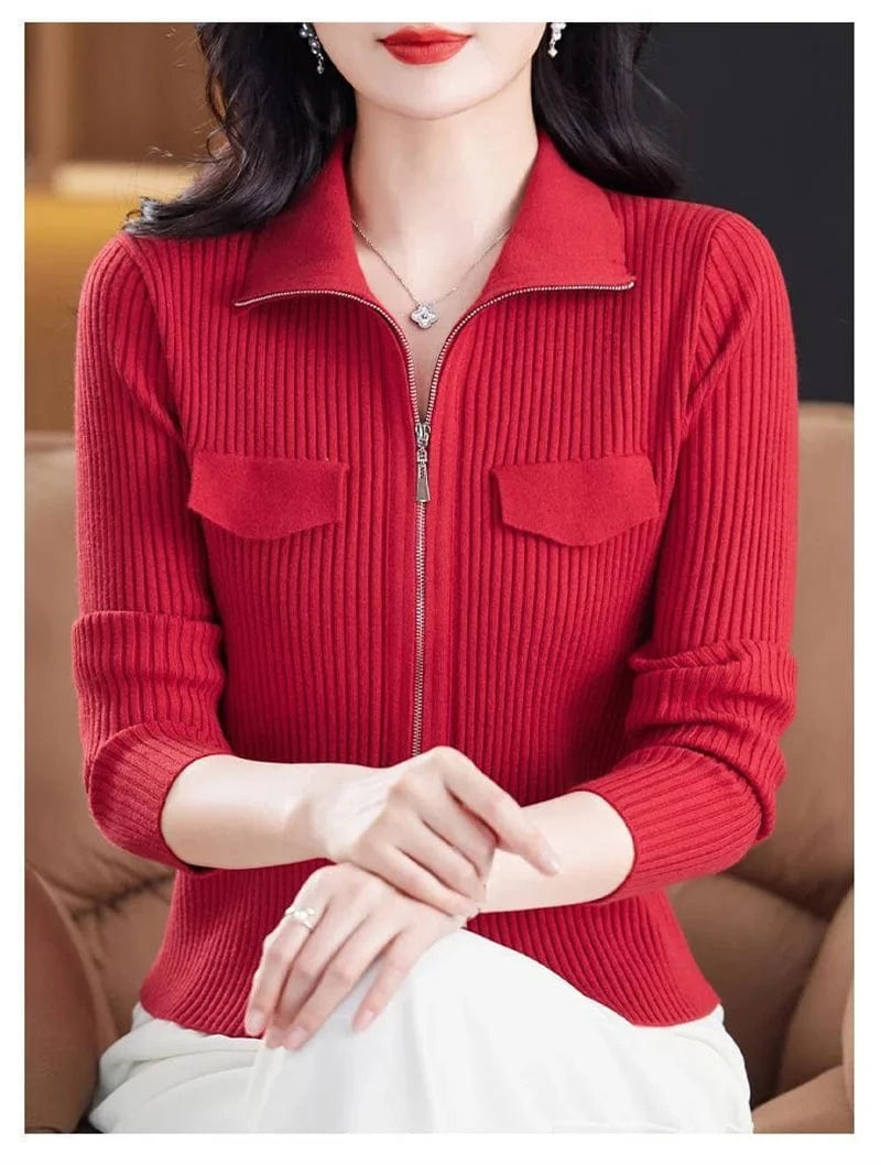 Fashion Zipper Short Knitted Cardigan Sweater 2025 Spring Autumn New Korean Versatile Coat Top Turn-Down Col Sweater Solid Color