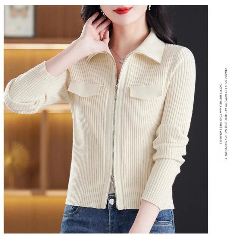 Fashion Zipper Short Knitted Cardigan Sweater 2025 Spring Autumn New Korean Versatile Coat Top Turn-Down Col Sweater Solid Color