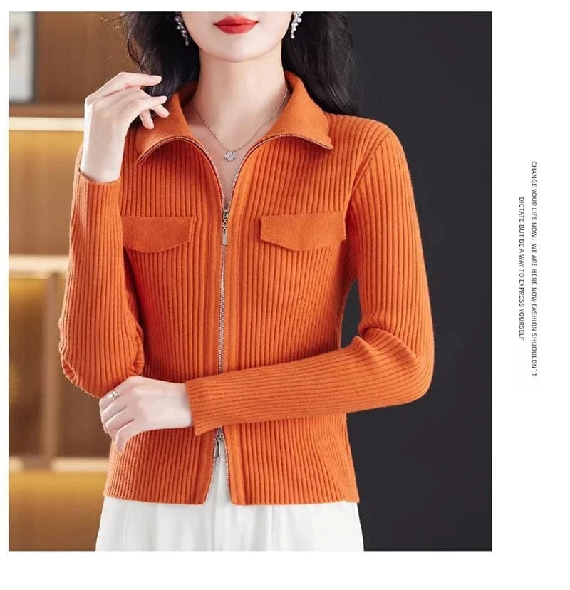 Fashion Zipper Short Knitted Cardigan Sweater 2025 Spring Autumn New Korean Versatile Coat Top Turn-Down Col Sweater Solid Color