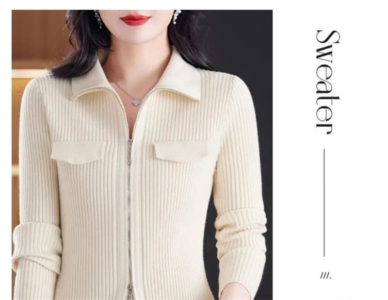 Fashion Zipper Short Knitted Cardigan Sweater 2025 Spring Autumn New Korean Versatile Coat Top Turn-Down Col Sweater Solid Color