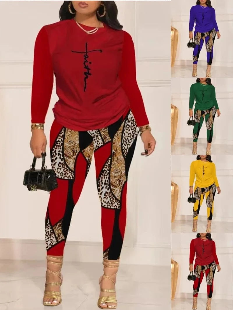 Fashionable Casual Women's Pants Set 2024 Autumn Winter New Printed Long Sleeved Tees Pant Two-Piece Suit Women Clothing S-3XL