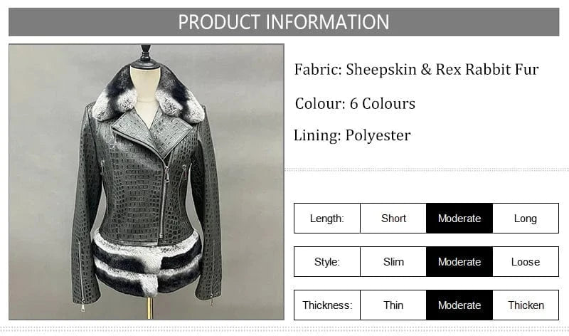 Fashionable Crocodile Print Fur Trim Sheep Leather Shearling Jacket Women Leather Jacket With Detachable Rex Rabbit Fur