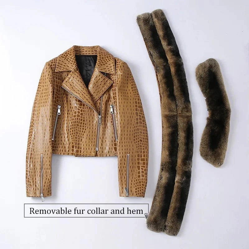 Fashionable Crocodile Print Fur Trim Sheep Leather Shearling Jacket Women Leather Jacket With Detachable Rex Rabbit Fur
