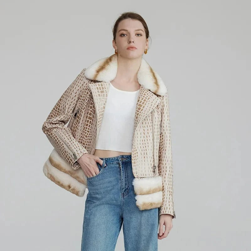 Fashionable Crocodile Print Fur Trim Sheep Leather Shearling Jacket Women Leather Jacket With Detachable Rex Rabbit Fur
