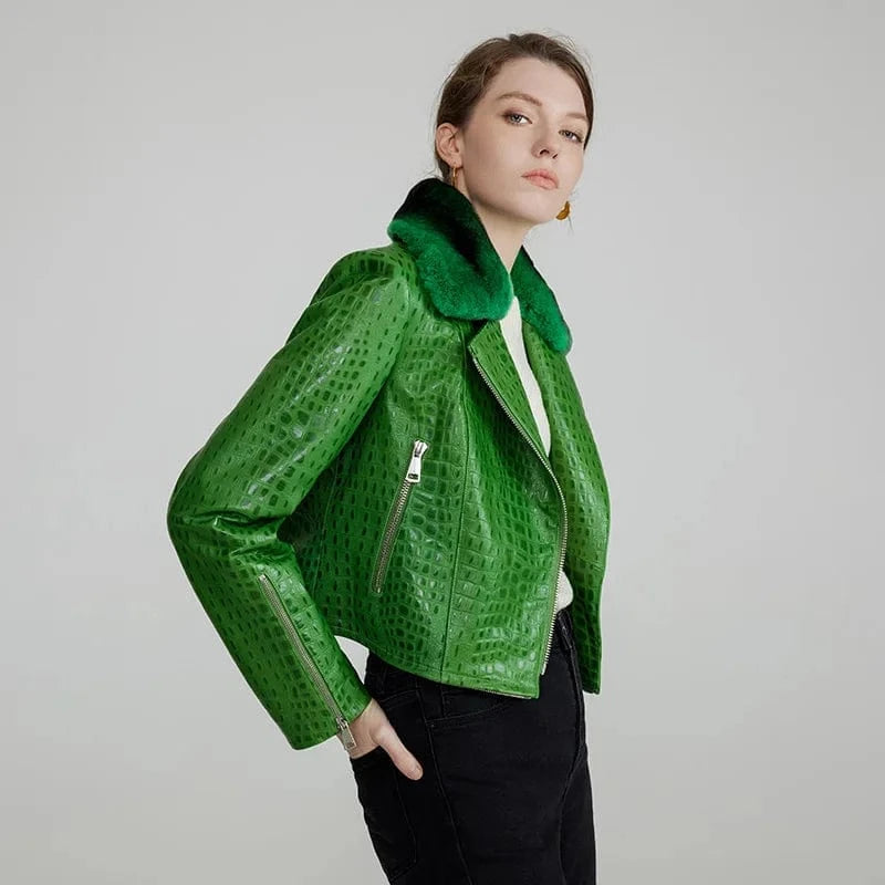 Fashionable Crocodile Print Fur Trim Sheep Leather Shearling Jacket Women Leather Jacket With Detachable Rex Rabbit Fur