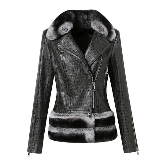 Fashionable Crocodile Print Fur Trim Sheep Leather Shearling Jacket Women Leather Jacket With Detachable Rex Rabbit Fur