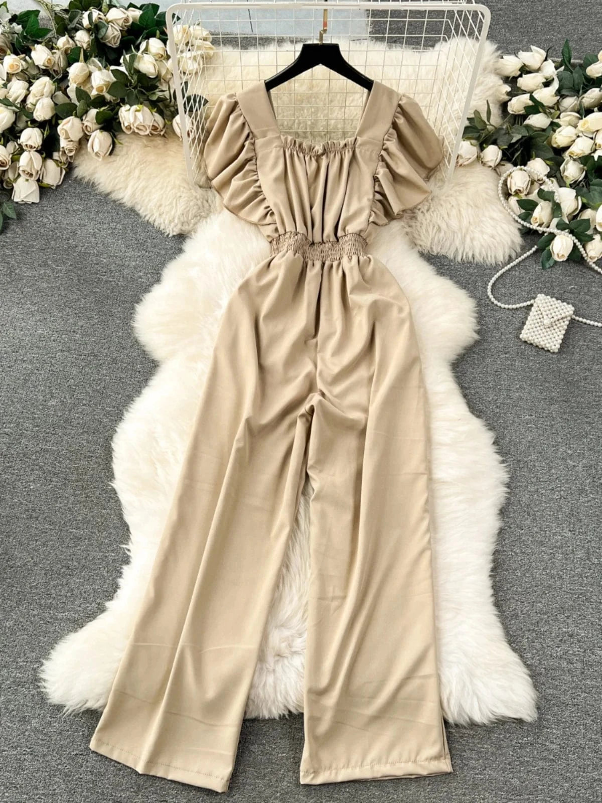 Fashionable elegant flying sleeve square neck jumpsuit for women high waist slim casual wide leg pants new spring/summer 2024