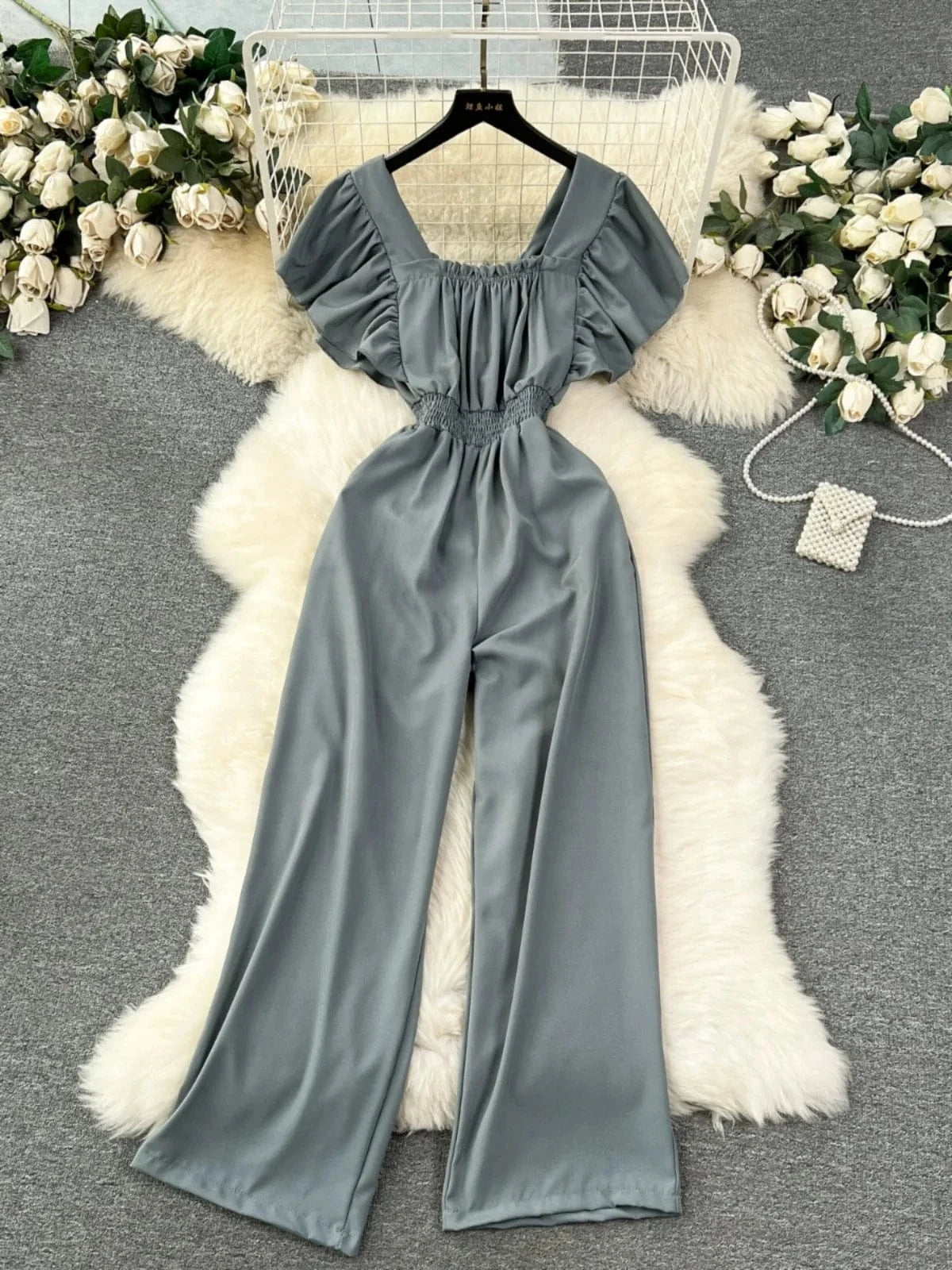 Fashionable elegant flying sleeve square neck jumpsuit for women high waist slim casual wide leg pants new spring/summer 2024