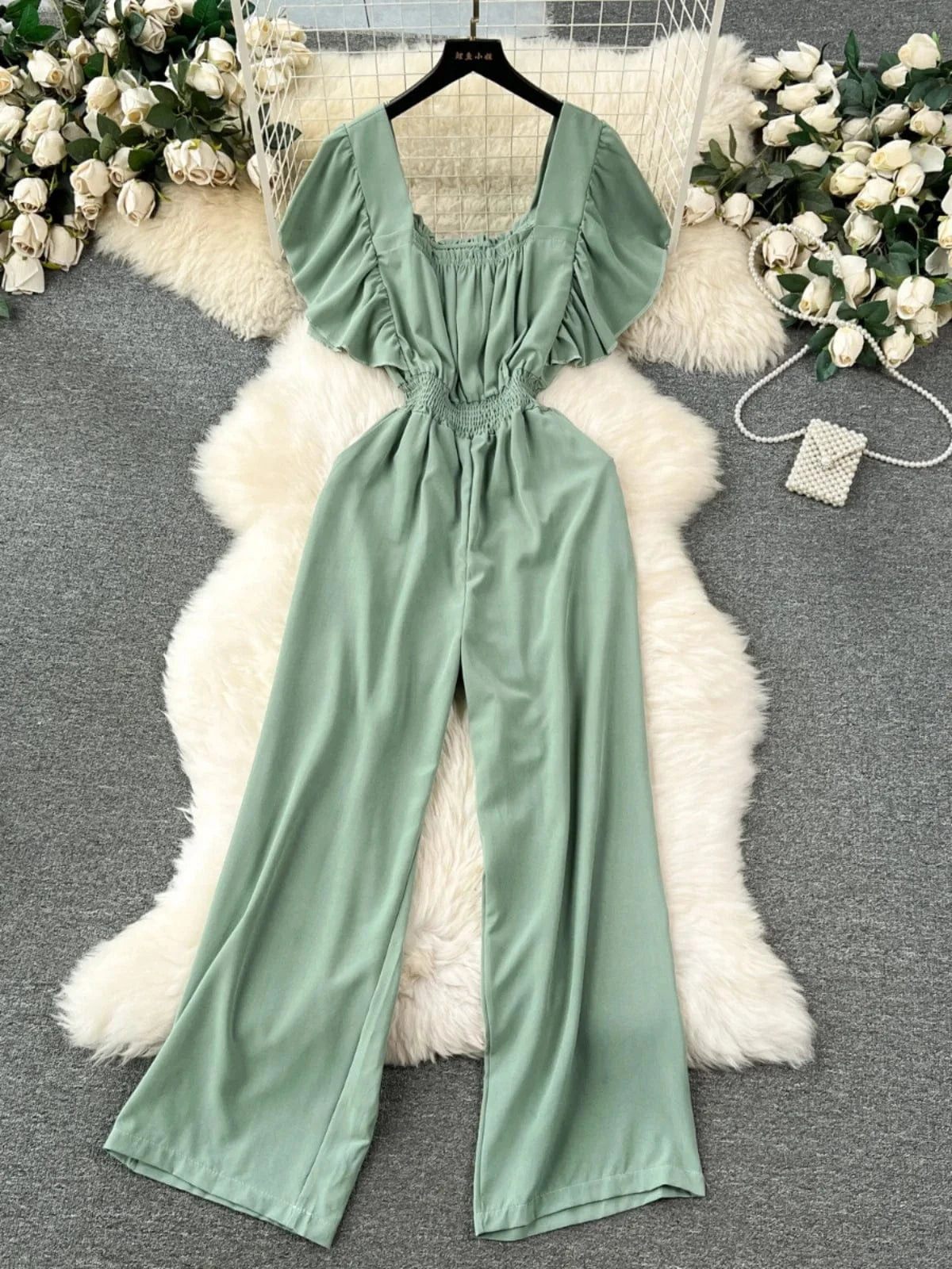 Fashionable elegant flying sleeve square neck jumpsuit for women high waist slim casual wide leg pants new spring/summer 2024
