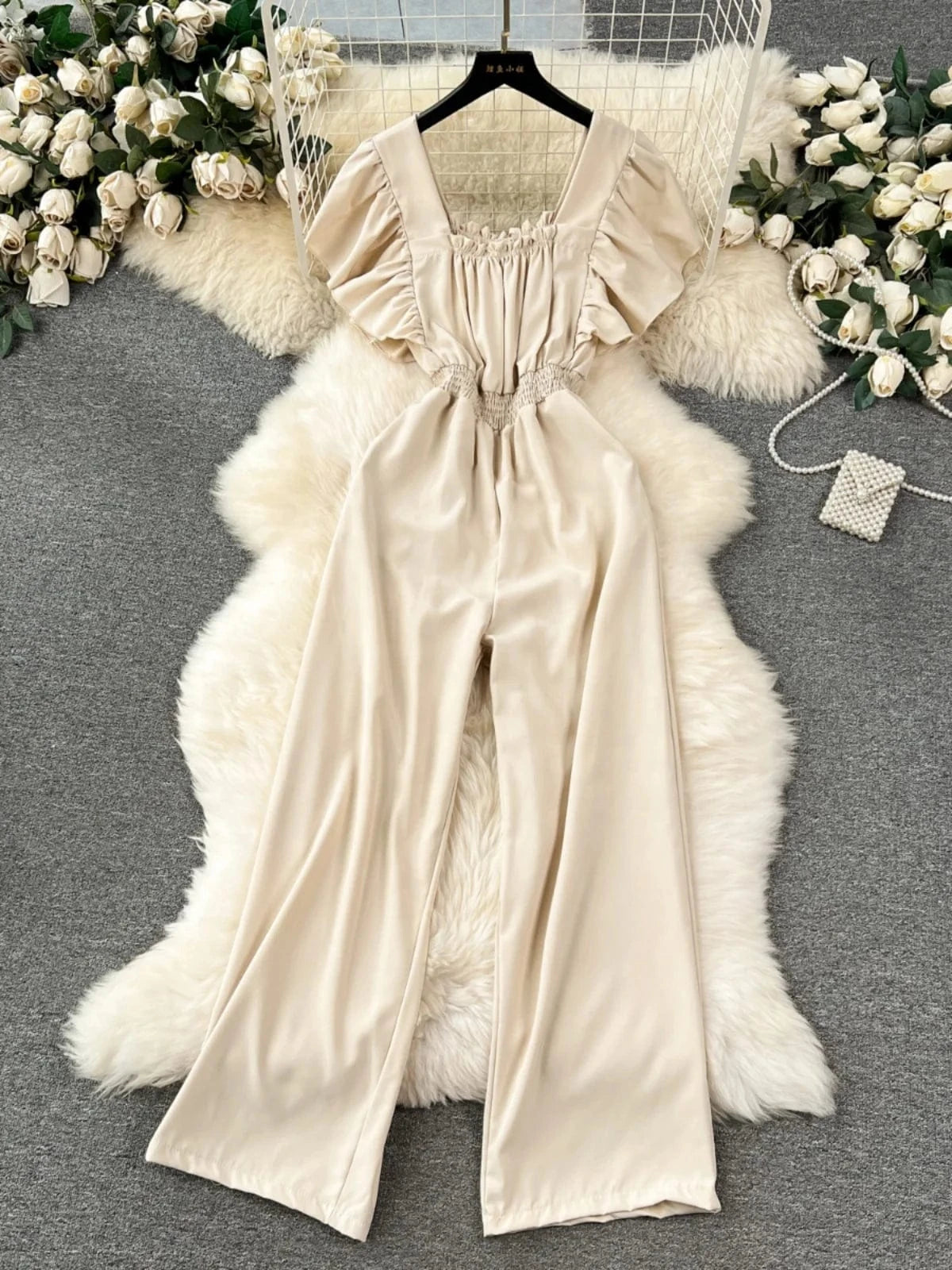 Fashionable elegant flying sleeve square neck jumpsuit for women high waist slim casual wide leg pants new spring/summer 2024