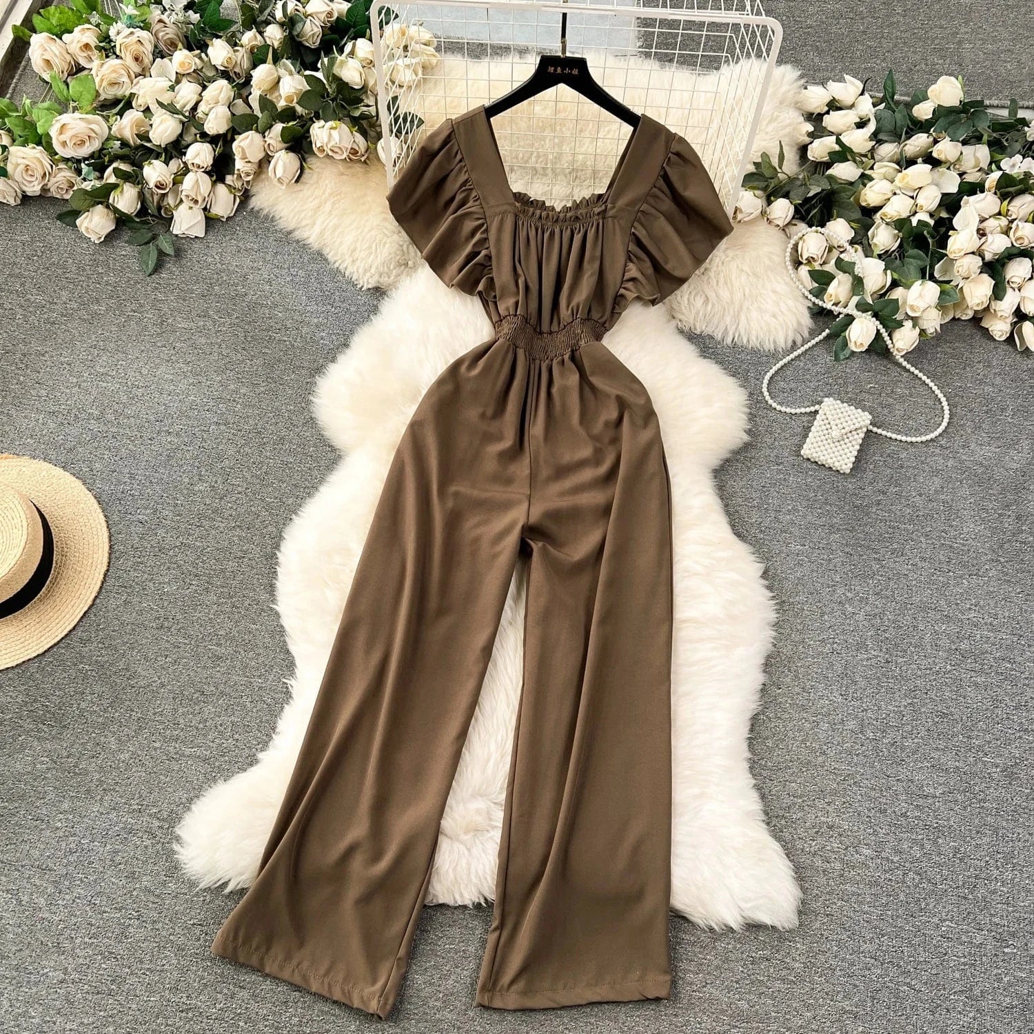Fashionable elegant flying sleeve square neck jumpsuit for women high waist slim casual wide leg pants new spring/summer 2024